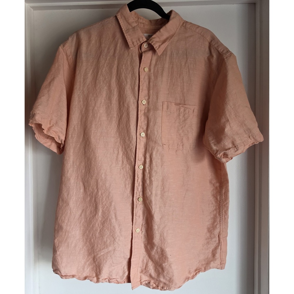 Uniqlo Button Down Shirt XL Peach Solid Short Sleeve Collared Men Top Tee